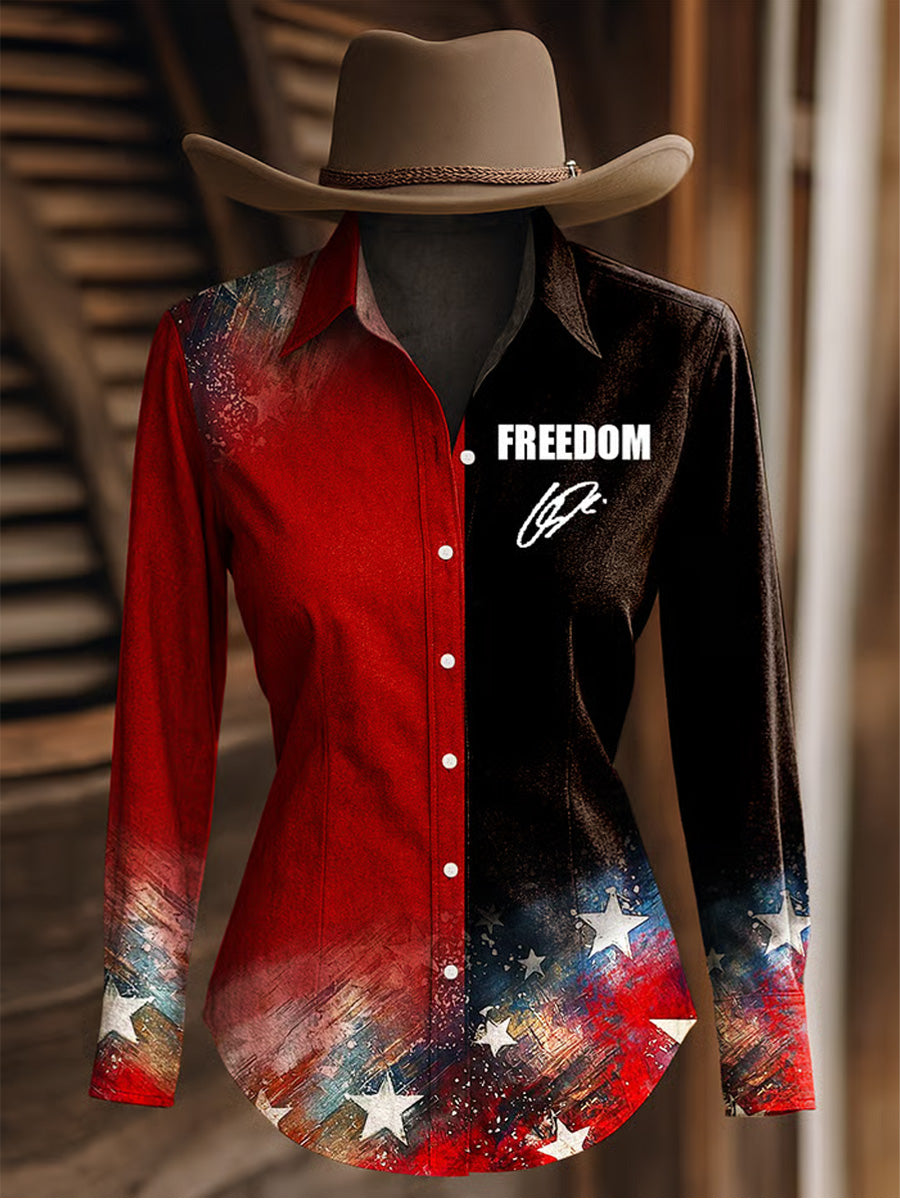 Women's Retro Freedom American Flag Print Long Sleeves Shirt